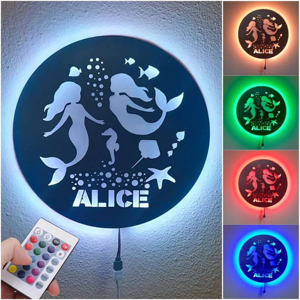 

Personalized Mermaid LED Night Light Custom Name Wood Wall Lamp for Kids Birthday Party Gifts Home Decor Adjustable light color