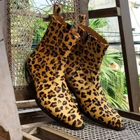 autumn and winter men fashion pointed low heel cuff classic comfortable casual leopard print party dress high ankle boots kg725