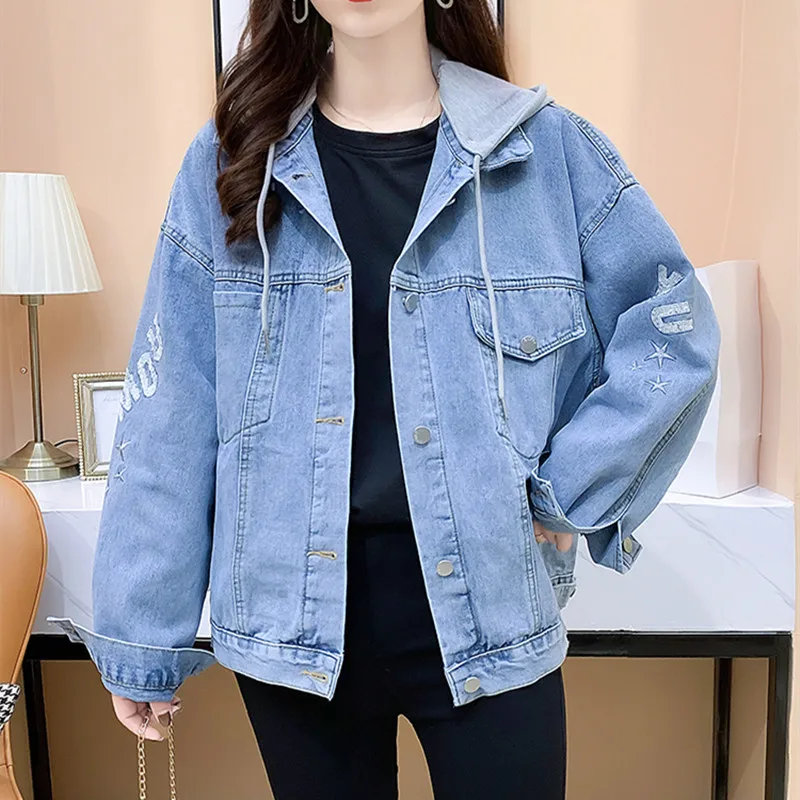 

Женская Офисная джинсовая куртка, однобортный Топ с отложным воротником и длинным рукавом, с капюшоном, с вышивкой и блестками, в стиле пэчв...