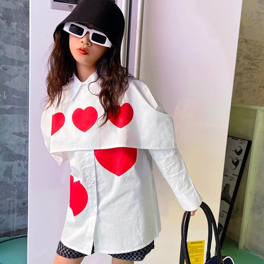 

New Baby Girl 2022 Spring Autumn New Loves Print Shirt Kids Long Sleeve White Turndown Collar Tops Children Blouses Clothes W550