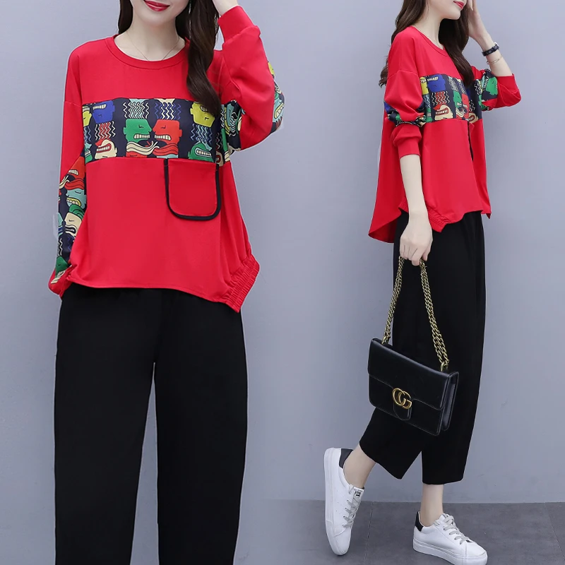 

5XL plus size women's clothing printing suit top and pants casual 2 piece set autumn year-old female costume