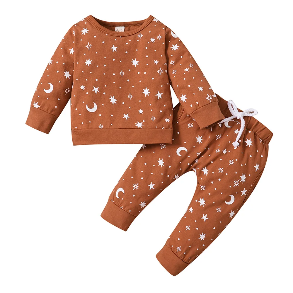 

Infant Newborn Baby Boys Girls Long Sleeve Pullover Pants Autumn Cotton Casual Round Neck Geometric Star Moon Print 2Pcs Outfits