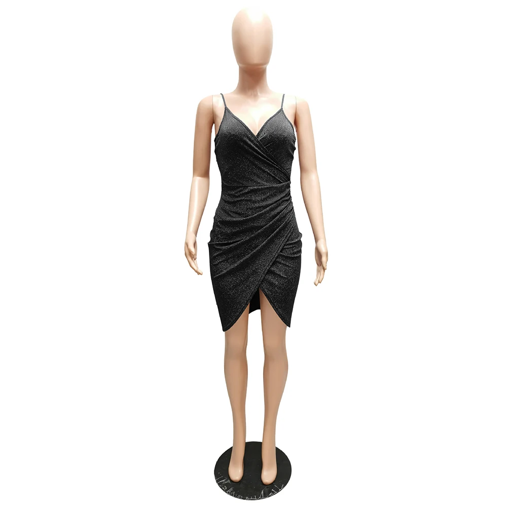 

Bling Bling Spaghetti Strap Elegant Wrap Dress Women Deep V Neck Sleeveless Pencil Dresses Summer Draped Backless Party Dress