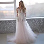 Женское свадебное платье с длинным рукавом, Кружевная аппликация с бусинами и круглым вырезом, свадебное платье до пола, 2020