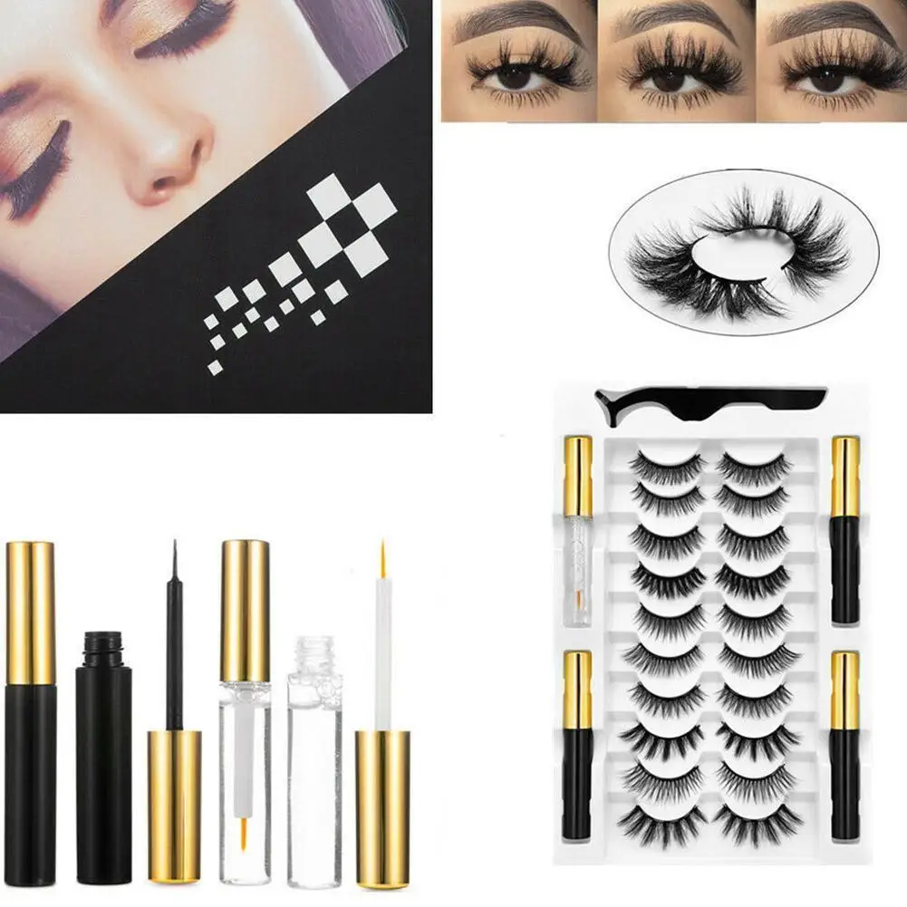 10 Pairs Magnetic Eyelashes Set With Liquid Eyeliner Glue-free False Eyelashes Set Makeup Magnetic Lashes Set