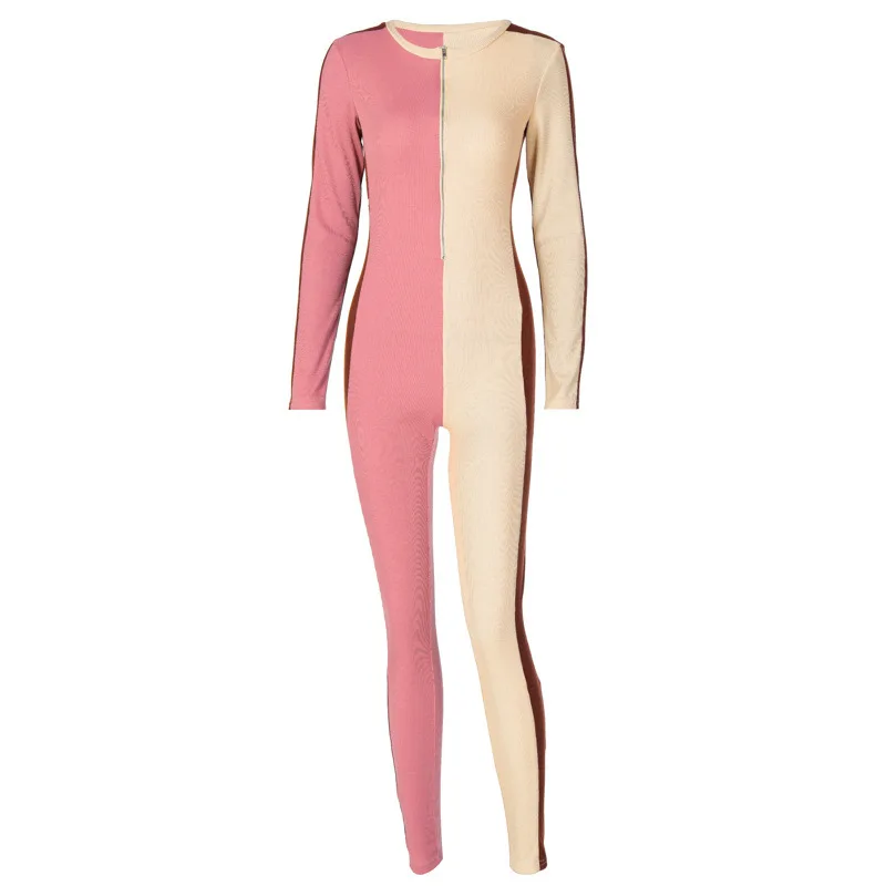 

2020 Long Sleeve Patchwork Zip Up Sexy Jumpsuit Autumn Winter Women Fashion Streetwear Outfits Romper Stretchy Body