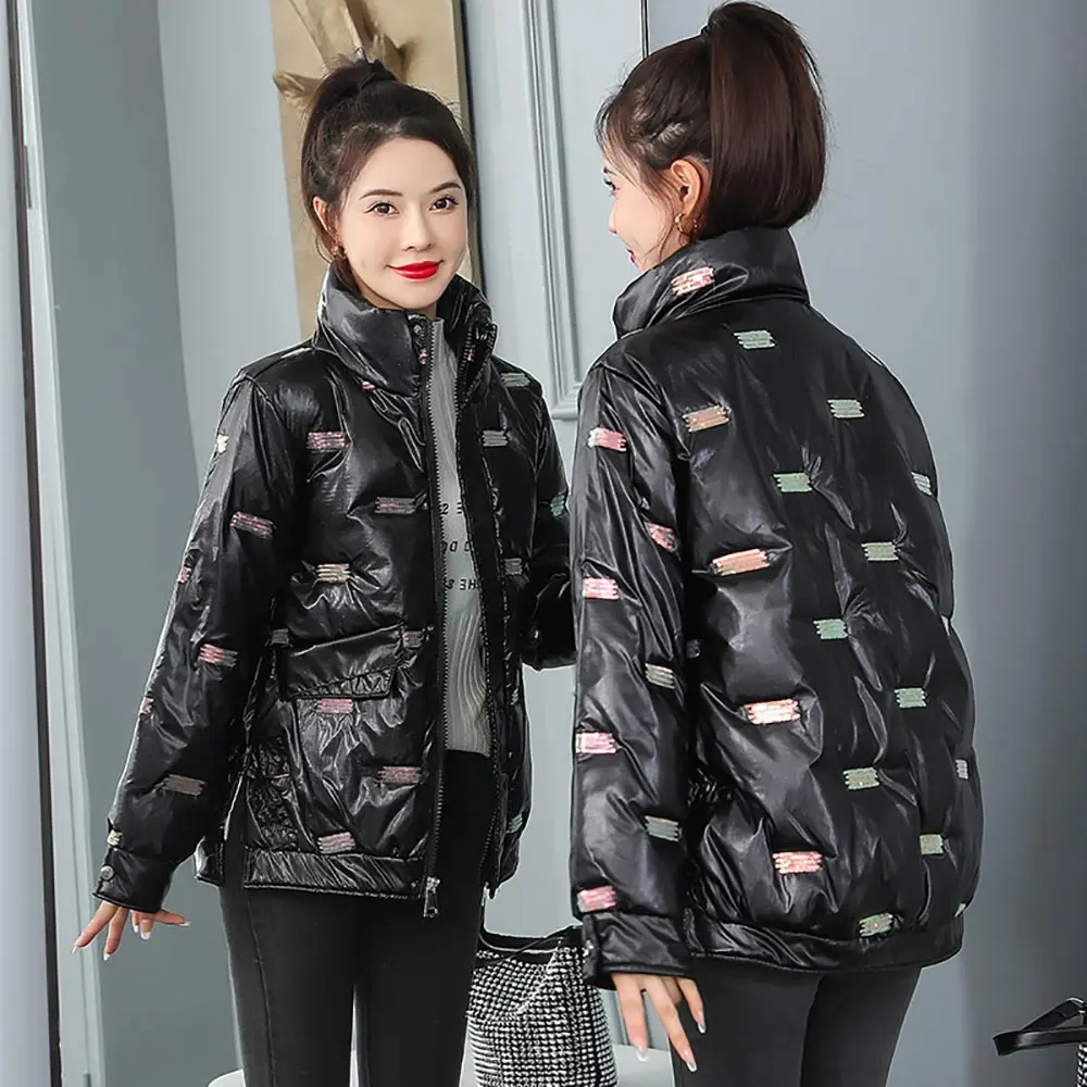 GRELLER 2021 New Autumn Winter Women Coat Jacket Thick Parkas Warm Casual Slim Pocket Sequins Shiny Short Winter Jacket Women
