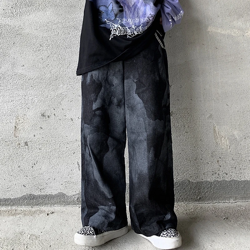 

Diablo Funeral Hip-hop High Street Washed and Old Loose Straight Tie-dye Gradient Denim Trousers for Men and Women