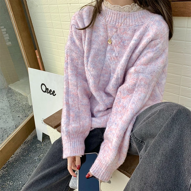

Sister Fara New Spring Autumn Woman's O-Neck White Sweater Twist Loose Hedging Pink Fashion All-Match Thicken Knitted Pullover