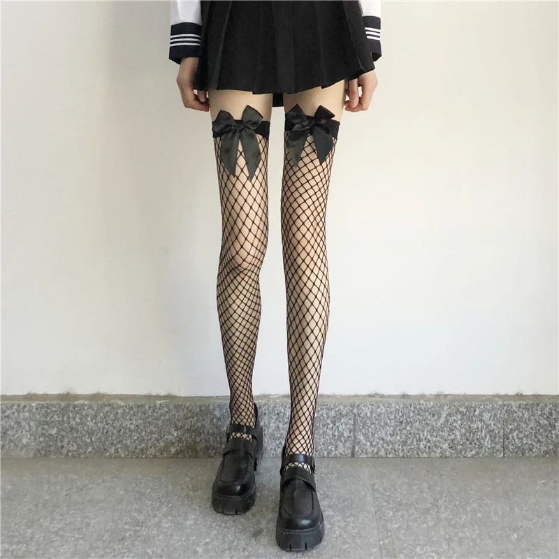 

Cute Fishnet Transparent Stockings Sexy Suspender Tube Silk Thigh High Stocking Pure Lovely Bow Over Knee Black and White Bow