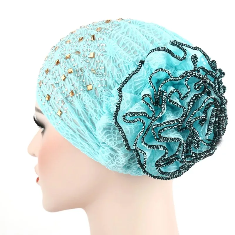 

12 Pcs New Hot Selling women's lace hat soft lace flower African Muslim headwear soft hollow headgear