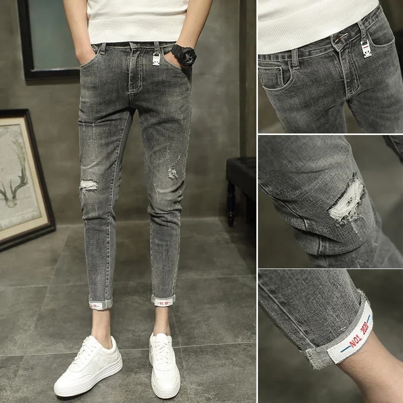 

Denim Jeans men's 2021 spring autumn Slim feet Korean elastic ripped hole casual trendy teenagers cropped pencil pants