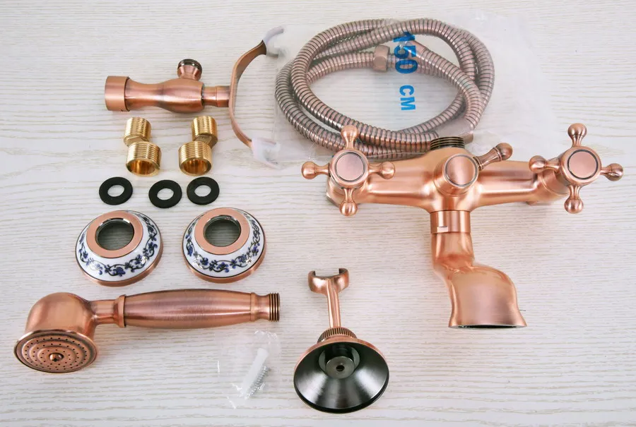 Античный красный медный смеситель с двойными перекрестными ручками для ванны и