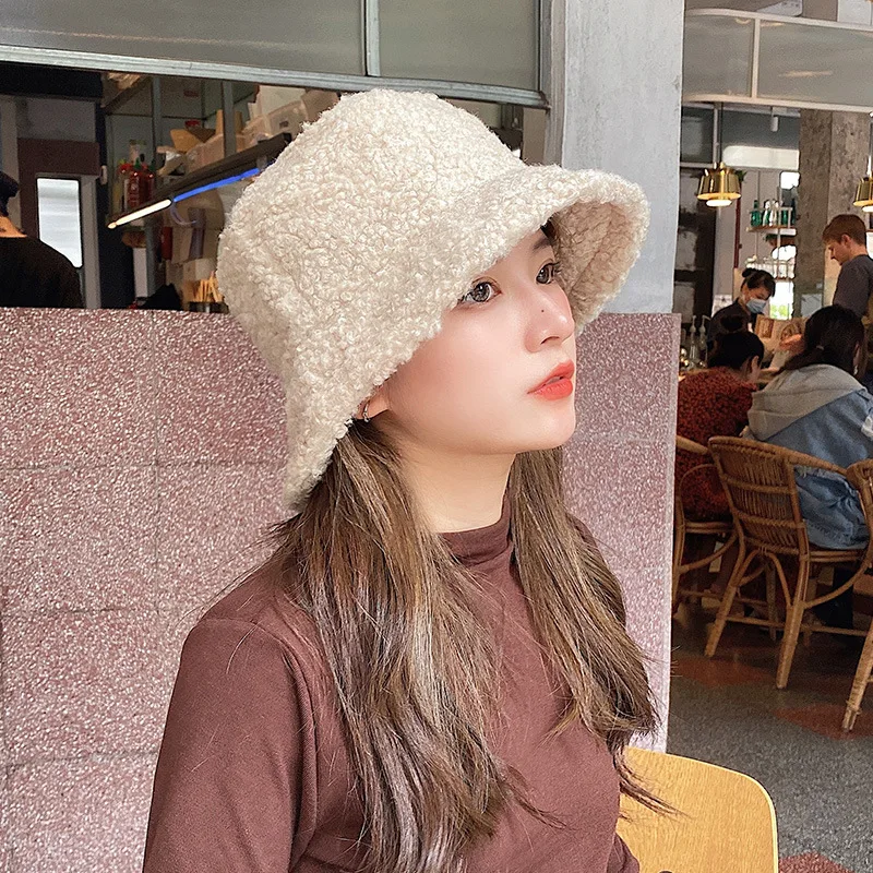 

2021 New Hats for Women Autumn Winter Bucket Hats Lamb Plush Soft Warm Fisherman Hat Panama Casual Caps Lady Flat Korean Style