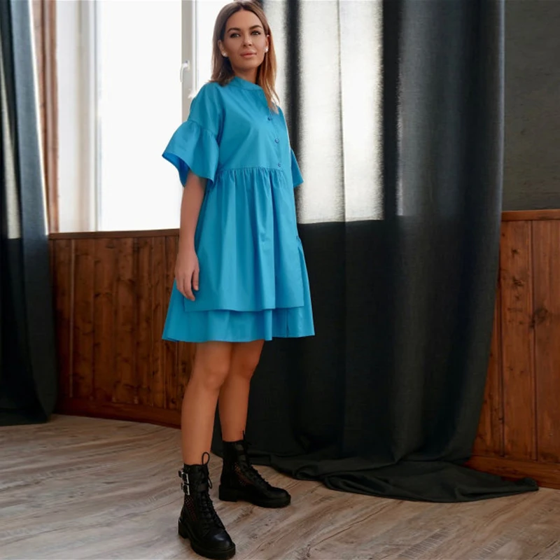 

MUICHES Short Butterfly Sleeve Loose Mini Dress Woman Casual Single Breasted Stand Collar Fashionable Dress 2021 New Summer