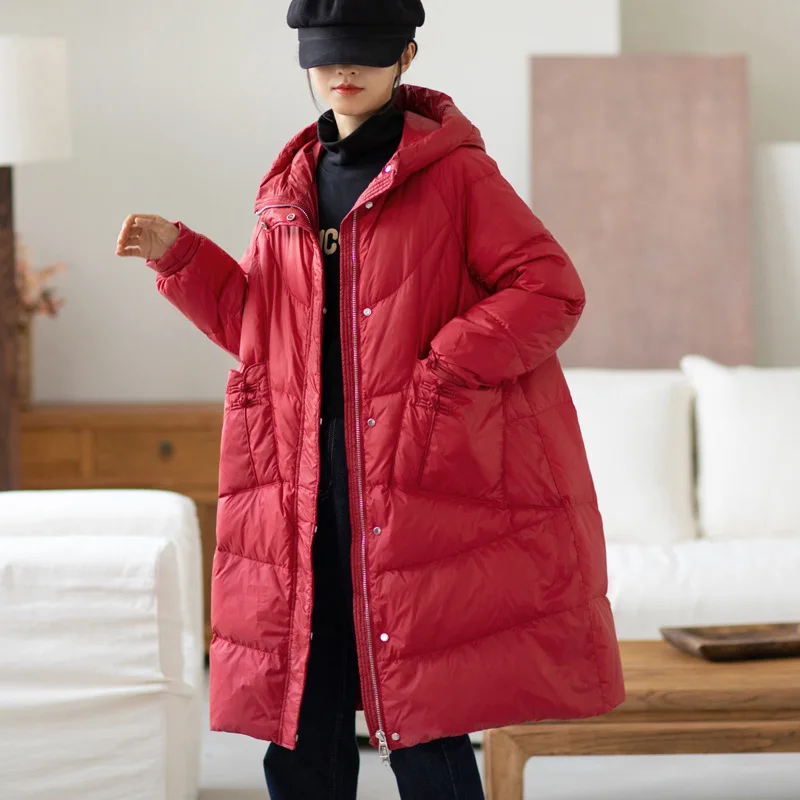 

2021 winter new down jacket women's mid-length loose pocket buckle white duck down jacket hooded long-sleeved jacket