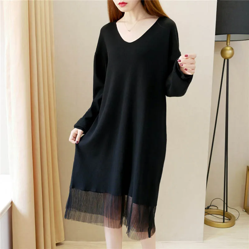 

V-neck knitted dress Autumn women's loose black sweater dress plus size bust 160cm 5XL 6XL 7XL 8XL 9XL 10XL long sleeve 175KG