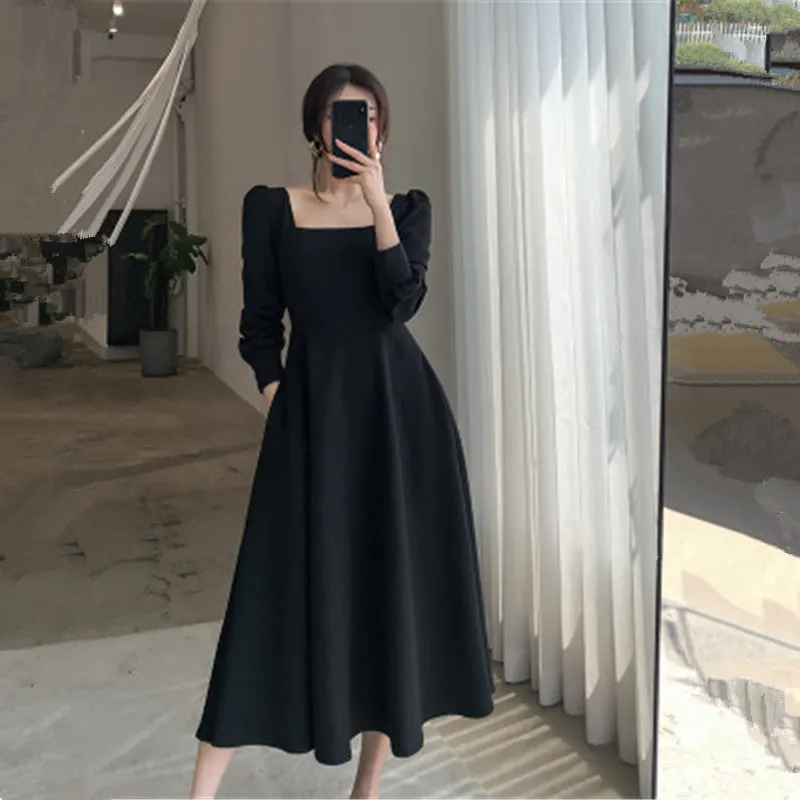 

Black Dress French New Autumn Spring Retro Style Waistband Shows Chic Bubble Sleeve Mid Length Dress