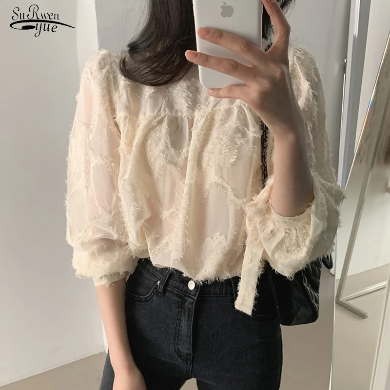 

Elegant Loose Shirt Vintage Feather Pink Shirt Autumn Long Sleeve Blouse Stand Collar Lace-up Tie Chic Tassel Tops Mujer 16436
