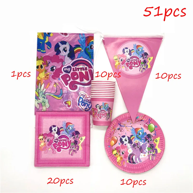 beipanzhiqizhuo-51pc 51 шт./лот My Little Pony тематическая вечеринка на день рождения украшения одноразовые бумажные чашки пластины салфетка флаг Скатерть вечерние принадлежности наборы - Цвет: beipanzhiqizhuo-51pc