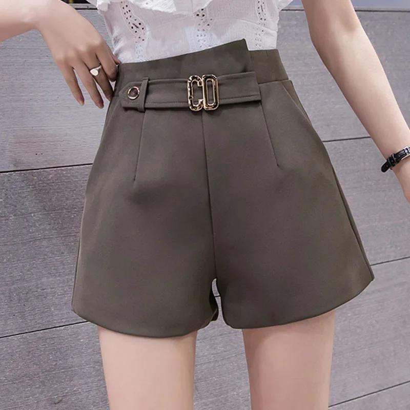 

2021 New Summer Ladies Fashion Casual Shorts Pure Color Elegant Slim Wide Legs A-line Shorts Pantalones Cortos De Mujer