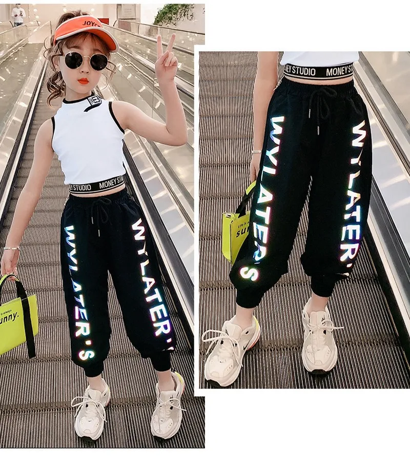 

Children's clothing girl suit summer clothes new children's luminous pants fashionable vest net red sports two-piece suit cool