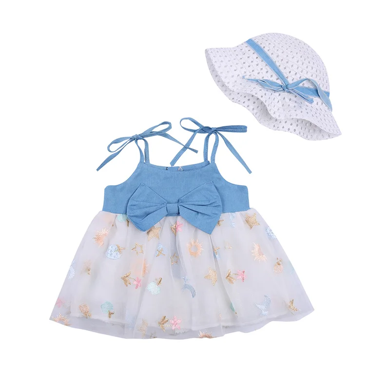 

1-3 Years Old Little Girls Dress Bow Decoration Mesh Splicing Denim Sleeveless Suspender Princess Dresses & Hat Infants Clothing
