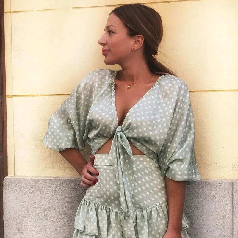 Женская блузка с длинным рукавом зеленая Повседневная Блузка в горошек бантом и V