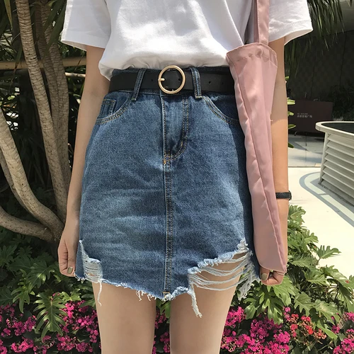 Джинсовая юбка TingYiLi с высокой талией рваная Корейская школьная мини-юбка