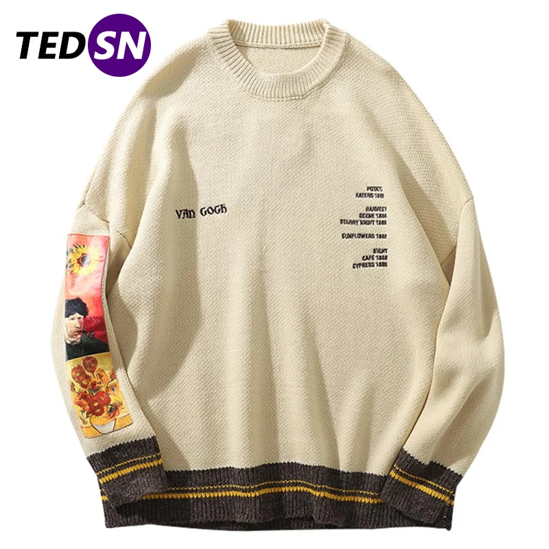 

Модный свитер TEDSN в стиле хип-хоп, Мужской пуловер с изображением Ван Гога, вязаный свитер, художественная уличная одежда в стиле Харадзюку, ...