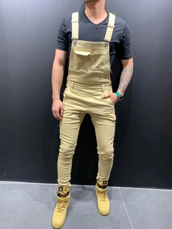 

2021 men's new tie-dye denim overalls, slim and thin, solid color jeans