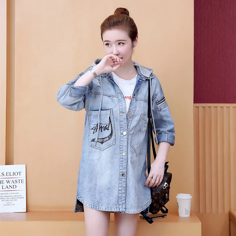 

New Spring Autumn Women Trench Fashion Casual Loose Letter Hole Hooded Jeans Coat For Women Larger Denim Trench Outerwear