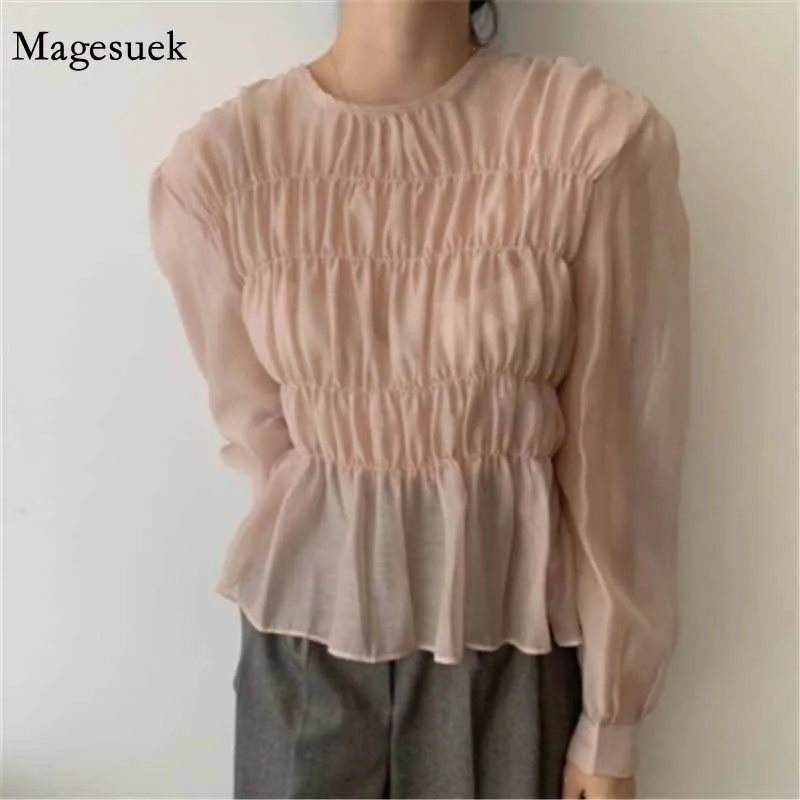 

2021 O-Neck Korean Ins Solid Pleated Design Perspective Summer Autumn Shirt Fashion Clothing Blusa Puff Long Sleeve Blouse 11357