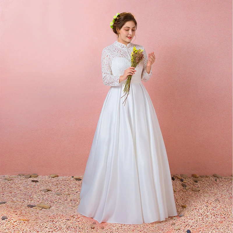 

New High Neck Button A-LIne Evening Dress Full Sleeves Simple Embroidery Floor-Length Backless Plus Size Women Formal Gowns D811