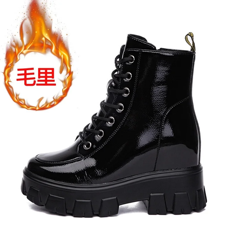 

Lacquered leather short boots women's new high top thick soled women's boots casual boots leather Martin boots women's shoes