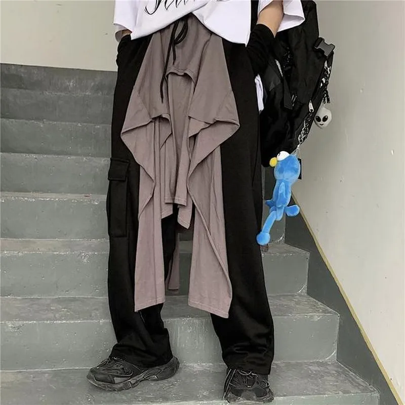 

Patchwork Irregular Shirt Sleeve Punk Hip Hop String High Waist Cargo Pocket Jogger Straight Pant Streetwear Harajuku Sweatpants