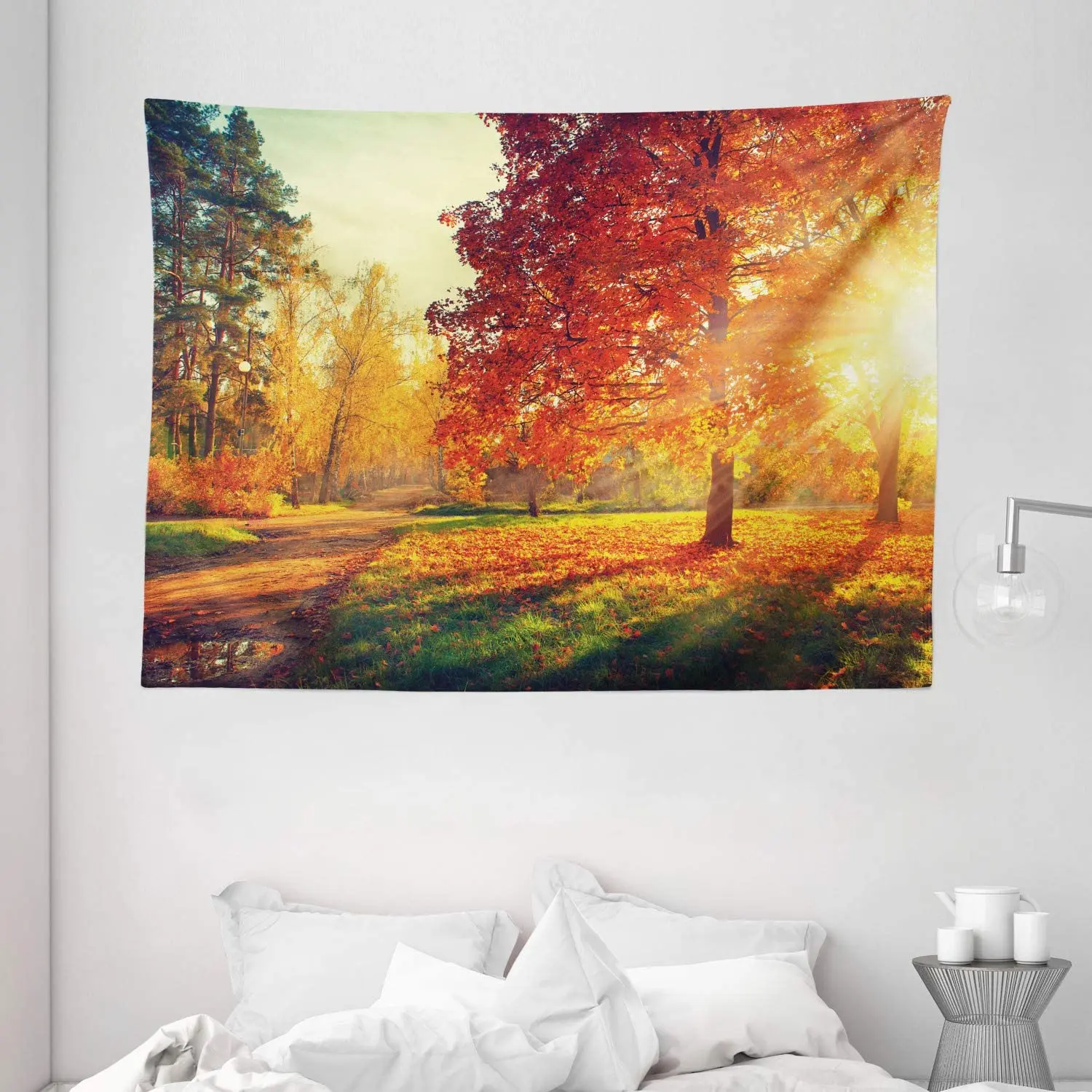 

Fall Tapestry Vibrant Misty Day In Forest Sun Rays Trees Foliage Fallen Leaves Calm Wall Hanging For Bedroom Living Room Dorm