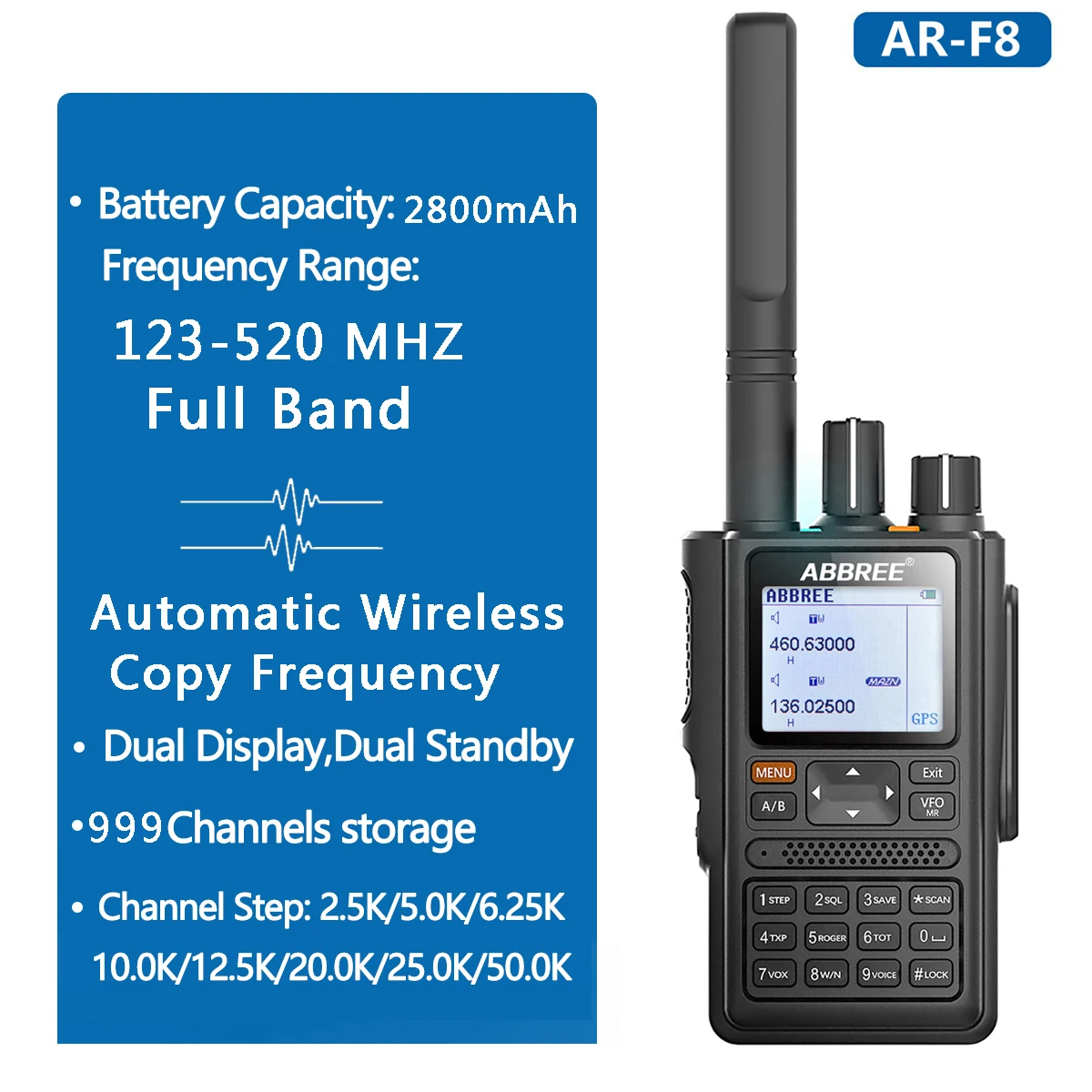 ABBREE AR-F8 GPS Powerful All Bands(123-520MHz) Wireless Copy Frequency Walkie Talkie 1.77 LCD with programming cable | Мобильные