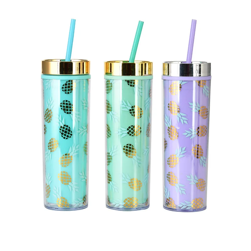

Double Plastic Straw Watter Bottle Creative Pineapple Cup Adult Tour