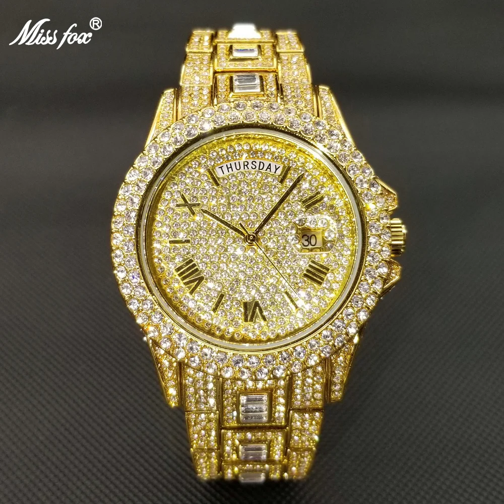 

MISSFOX Hip Hop Diamond Mens Watches Luxury Gold Stainless Steel Quartz Watch Week Display Auto Date Day Iced Out Clock 2021 New