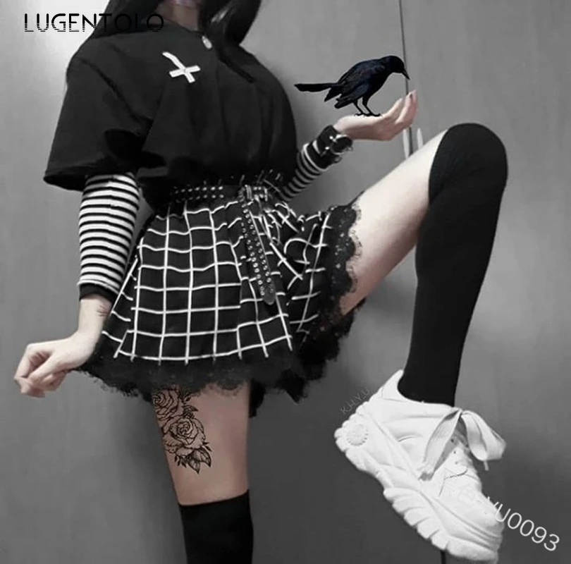 

Lugentolo Women Shorts skirts Summer Spider Grid Print Street Personality Shorts Skirts Trend Balck Casual Fashion Mini Shorts