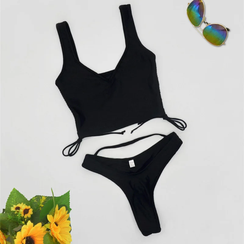 

Para Praia Sexy 2021 Solid Bandage Bikini Hollow Out Women Swimwear Drawstring Bikini Set Brazilian Swimsuit Female Bathing Suit