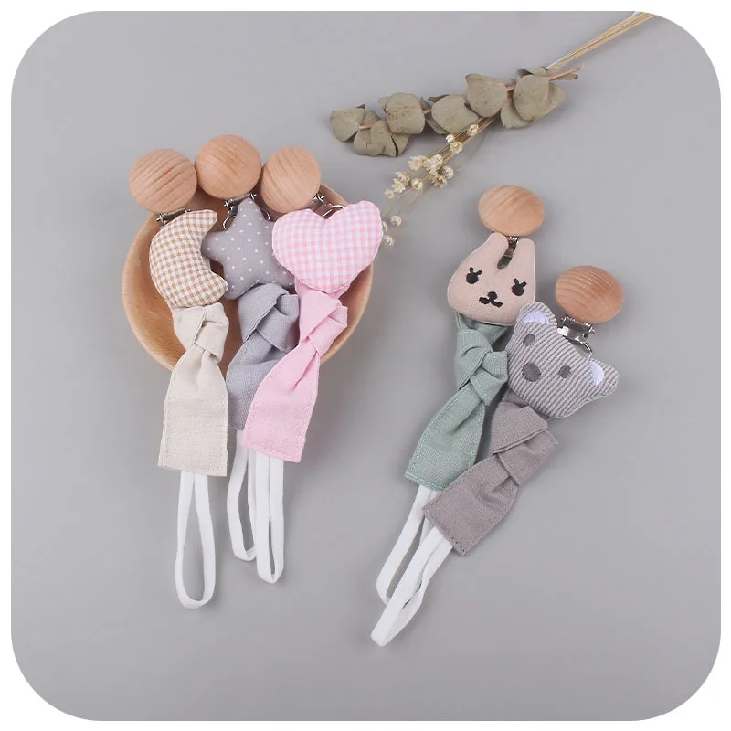 

2021 New Style Baby Products Beech Pacifier Clip Star Animal Cotton Linen Ribbon Pacifier Rope Infant Pacifier Chain baby shower