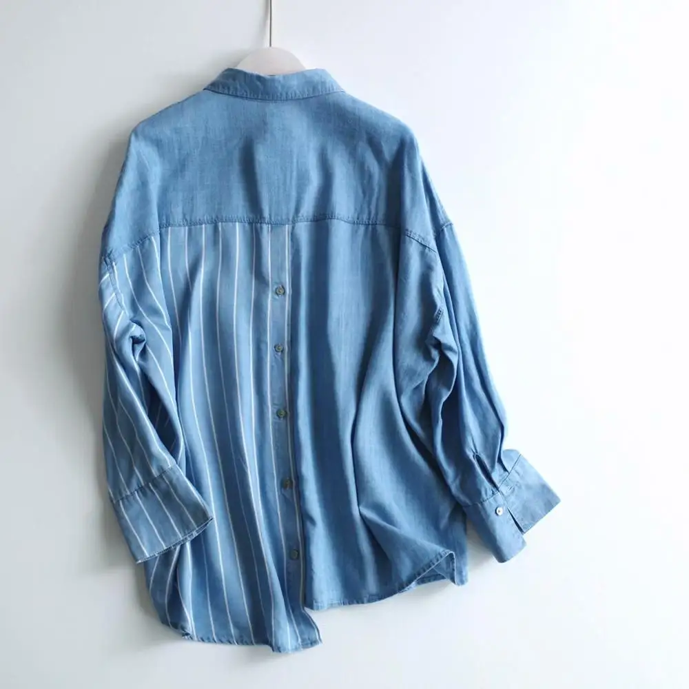 

Korean Patchwork Denim Hit Color Women's Shirt Lapel Collar Long Sleeve Loose Casual Blouse For Female 2020 Fashion New