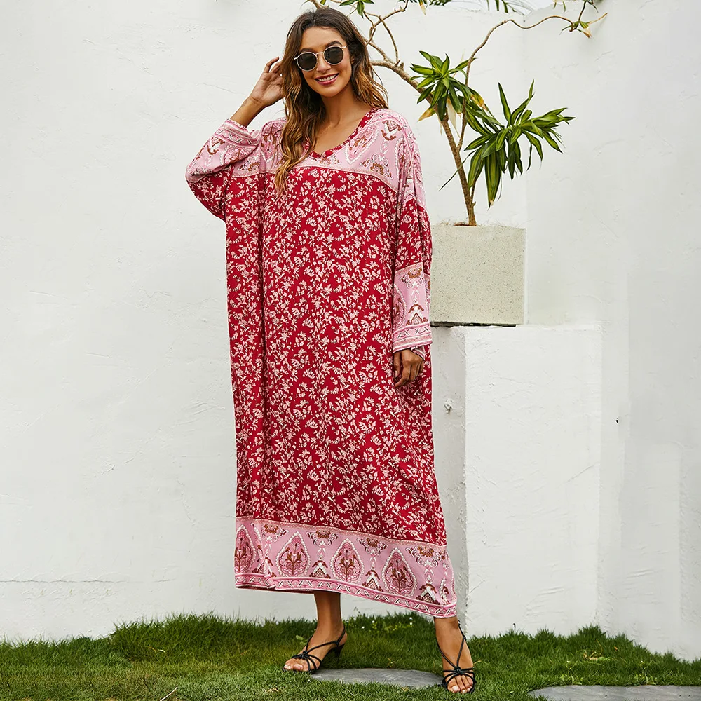 

Summer Turkey Muslim Women Dress Print Bat Sleeve Moroccan Kaftan Loose Vestidos Party Beach Holiday Abaya Elegant Eid Caftan