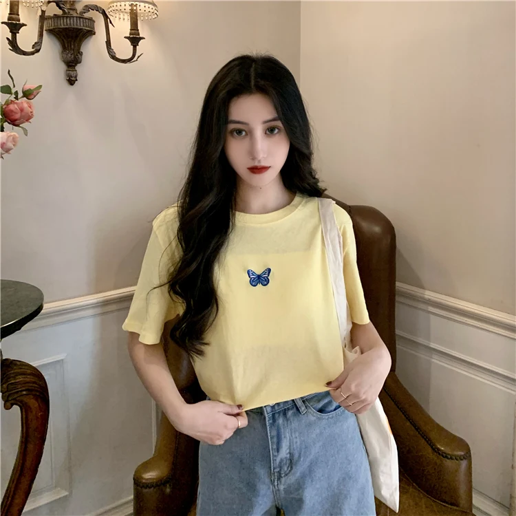 Женская хлопковая Футболка с вышивкой бабочки повседневная черная футболка