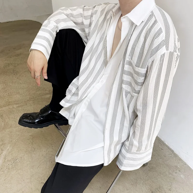 Men'S Long-Sleeve Shirt Spring And Autumn New Personality False Two Stripes Daily Casual Loose Fashion Large Size Shirt