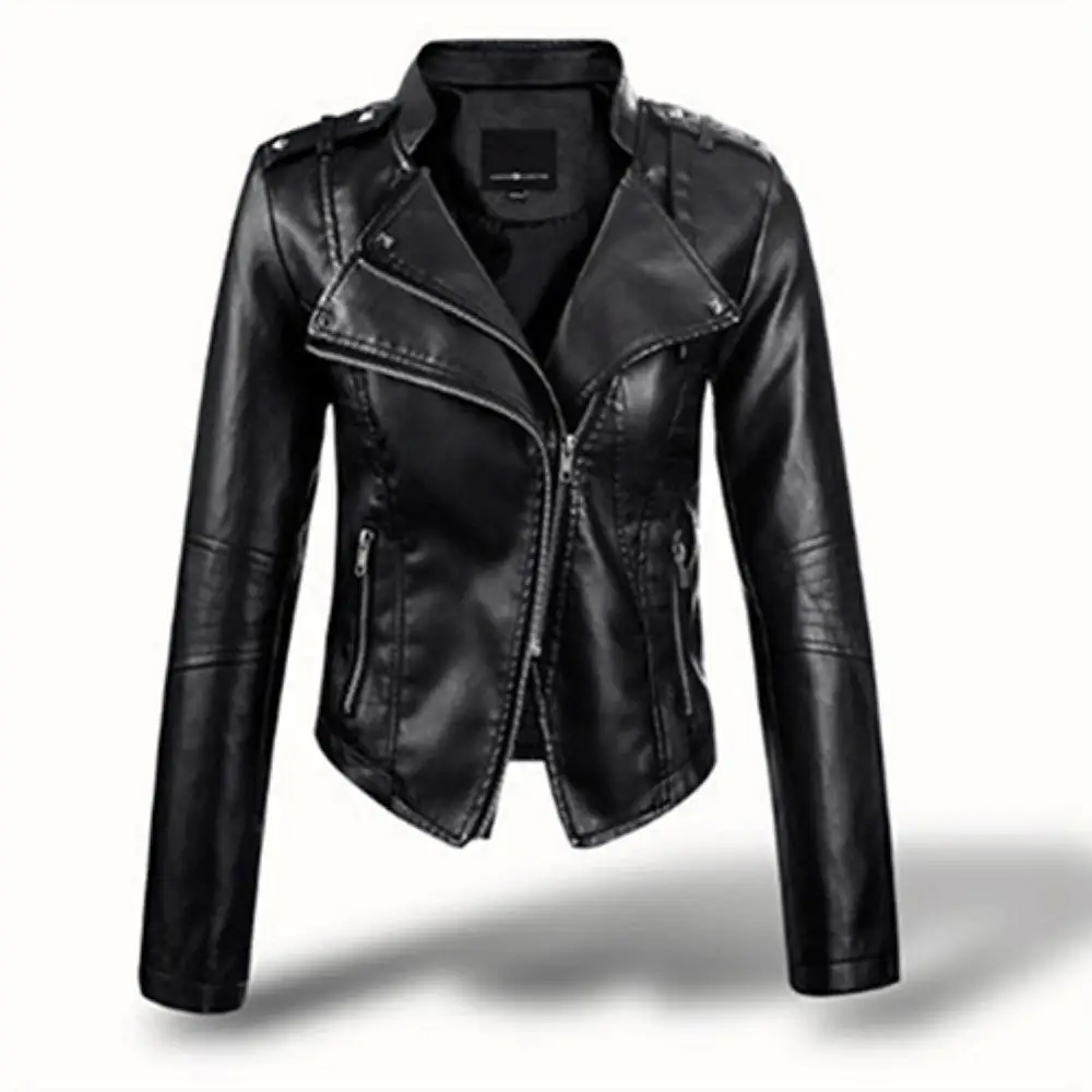 Женская куртка из искусственной кожи приталенная черная короткая с длинными