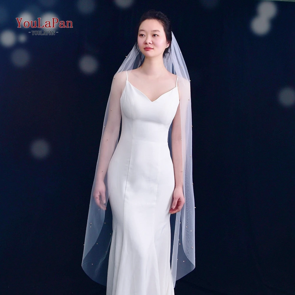 

YouLaPan V11 White Ivory Veil with Champagne Pearls 140 CM 300 CM Long Cathedral Veil Bride Veil Girlfriend Long with Shine