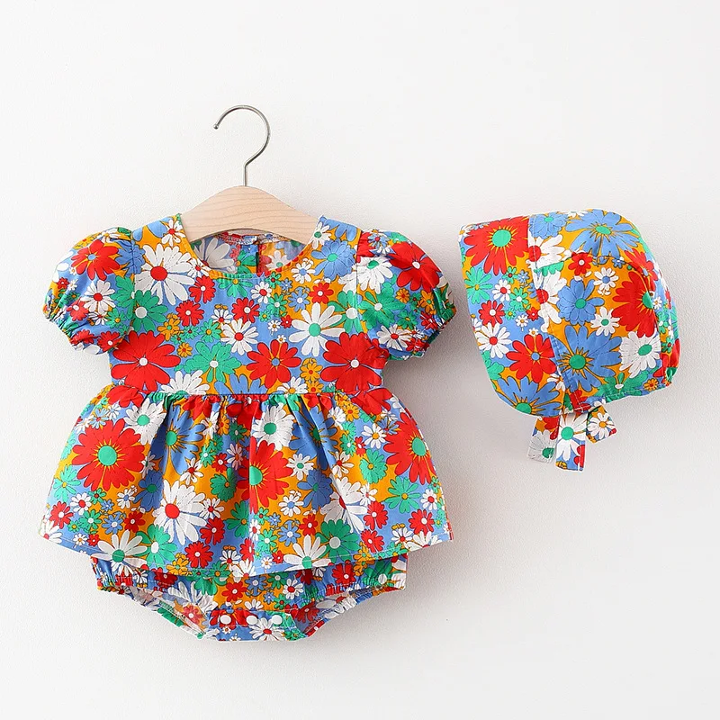 

Summer Toddler Newborn Infant Baby Girls Dresses Clothes Cute Puff Sleeve Flower Print Romper Hat Cap Outfits Baby's Clothing